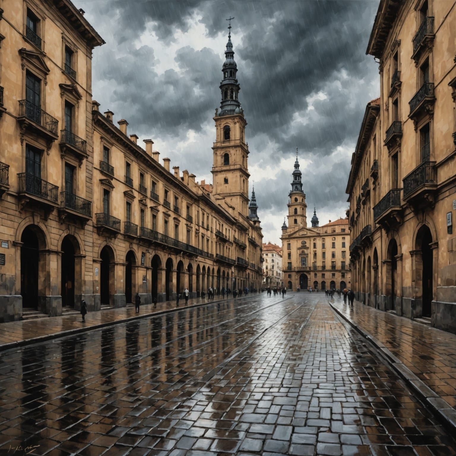 Cobblestone Plaza Del Pilar at Dusk in Charcoal Drawing Styl...
