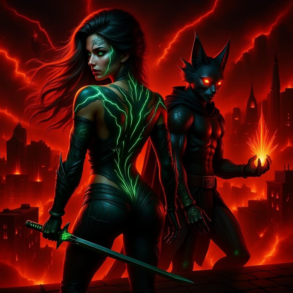 <lora:-Omnious-:1.0>
 `lora:-Omnious-:1.0 A powerful and mysterious female heroine stands atop a neon-lit rooftop in a futuristic city durin...