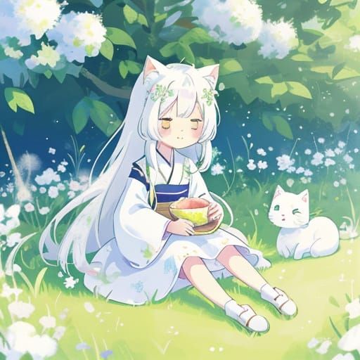 Anime Girl with White Cat Ears and Kimono in Vibrant Pastel ...