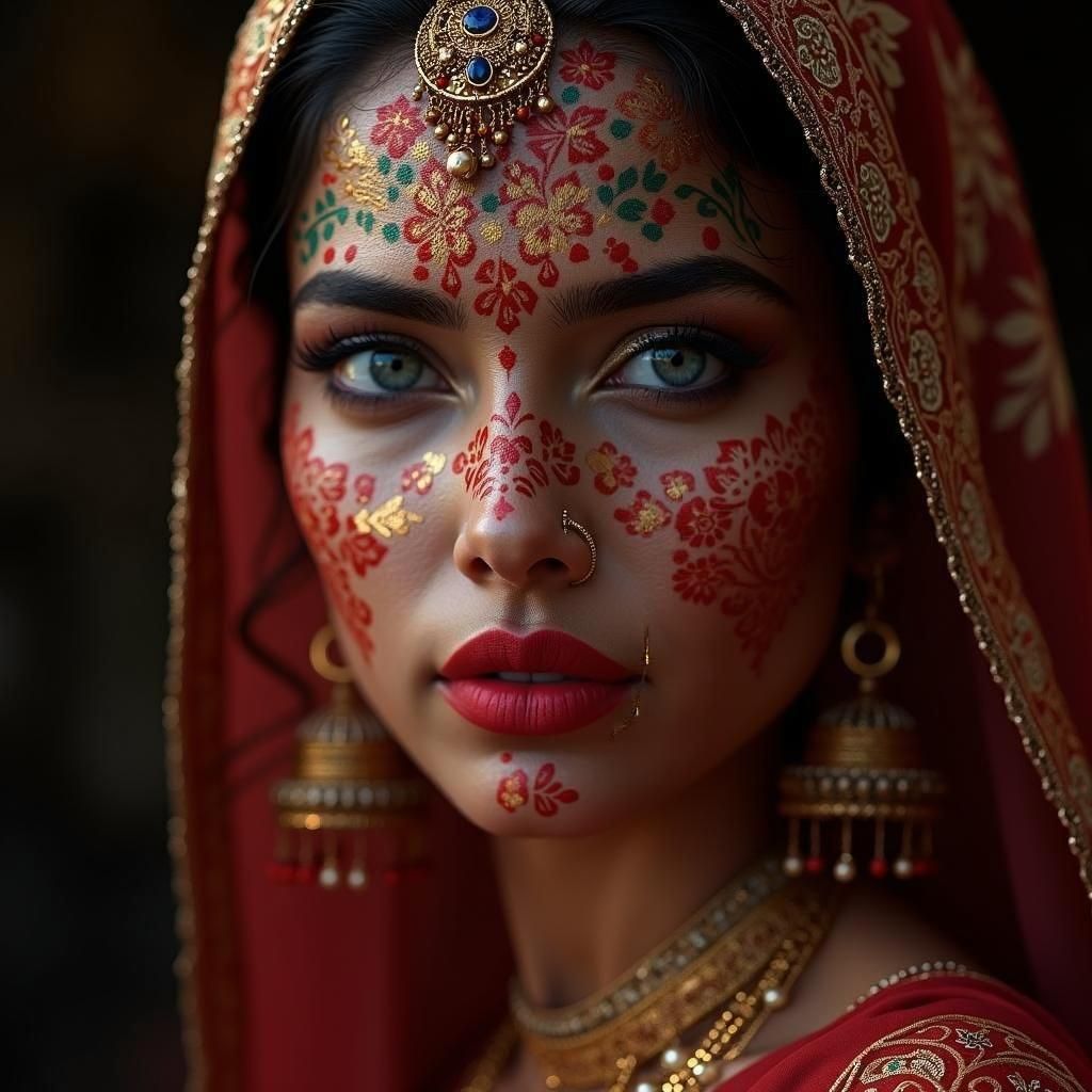 a close of an indian woman with her face covered in fancy henna designs reflecting her indian heritage with red bright lipstick and bright b...