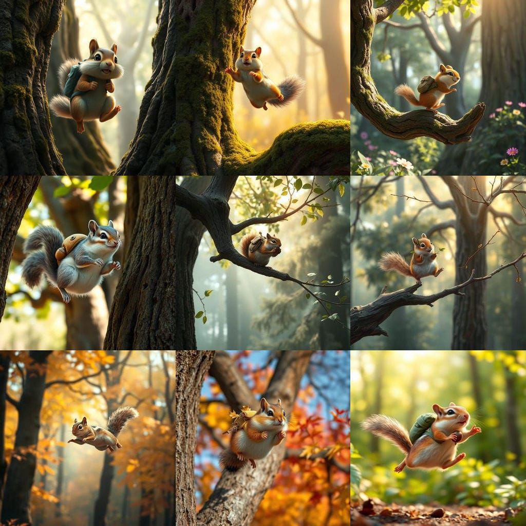 A cute hyper-realistic chipmunk jumping from one tree to another
