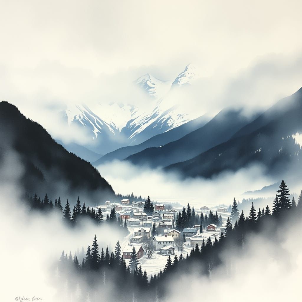 Alaskan Mountain Retreat in Dreamlike Watercolor