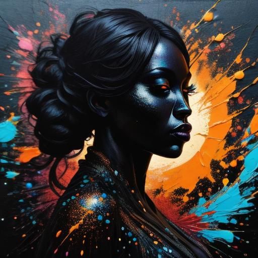 Black silhouette, splash art painting, ((colourful splashes of paint:0.6)) <lora:Aia:1.0>