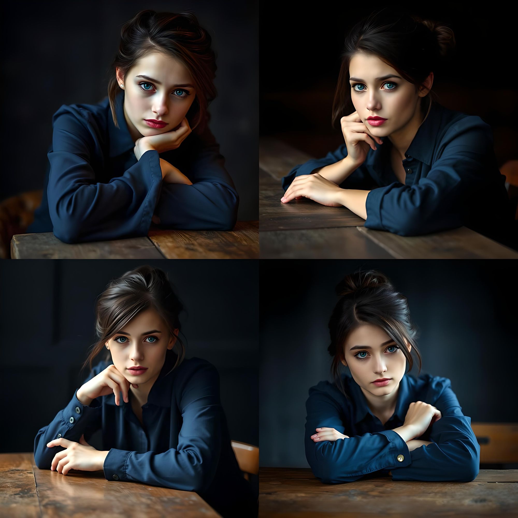 A young woman with vivid blue eyes and dark brown hair styled in a loose, effortless updo, wearing a dark blue, fitted blouse with delicate...