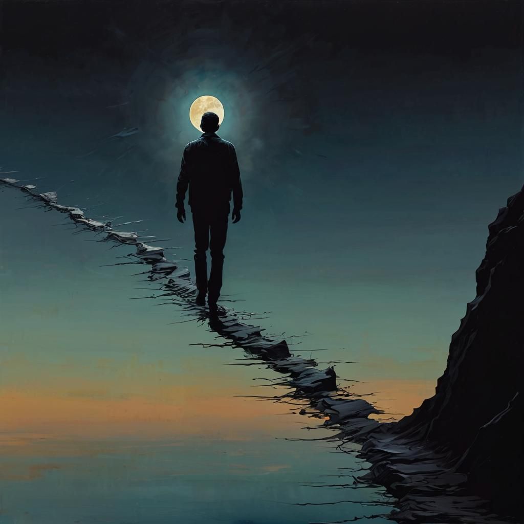 view from behind as a man walks his own path towards the fullmoon, following his own path, from the soul, abstract art, ...
