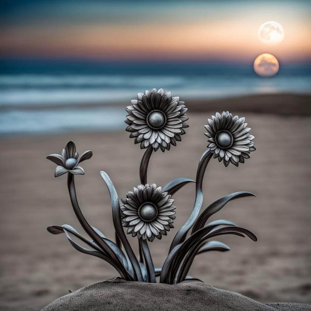 Metal flowers made of different elements with a beach in the...