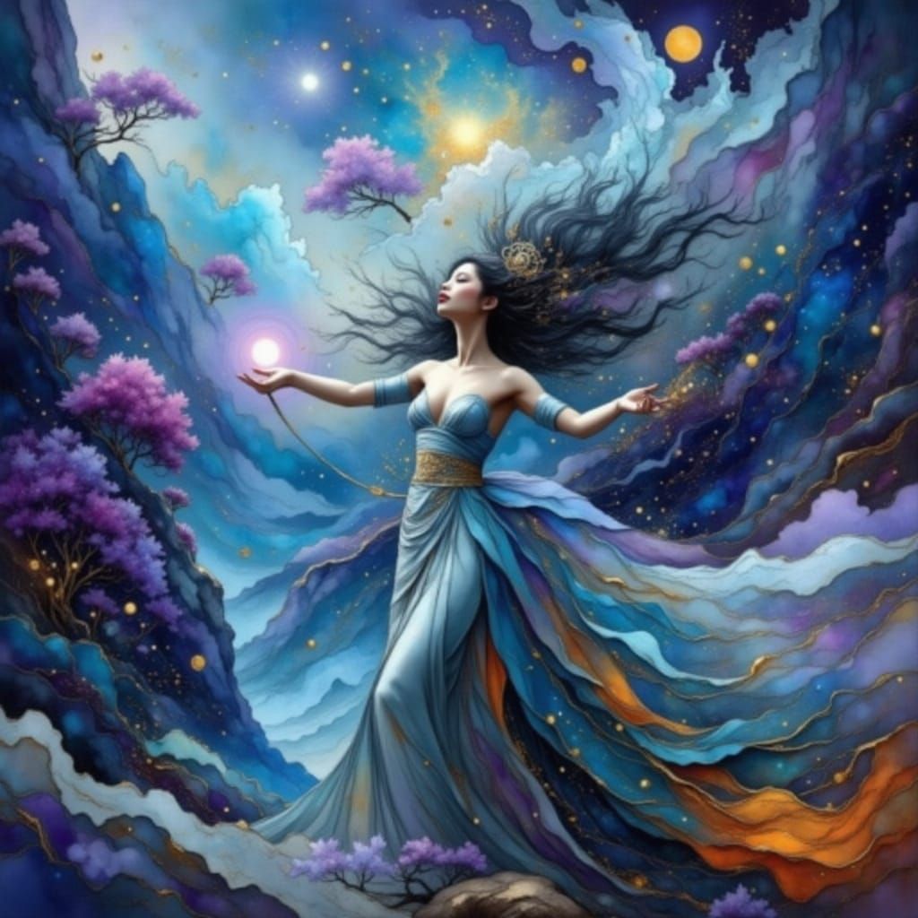 Goddess of Fire and Ice in Magical Realm, Dynamic Painting