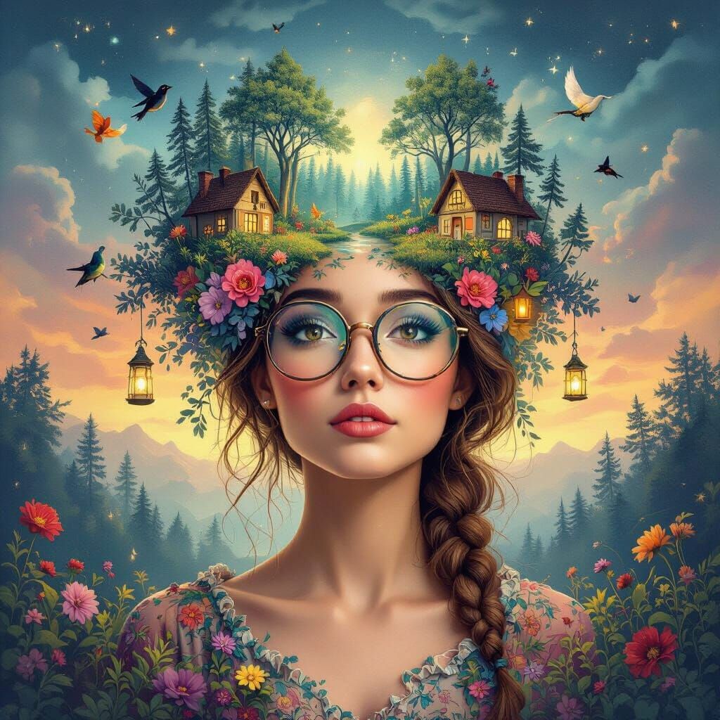 Uma mulher com expressão contemplativa, óculos grandes redondos refletindo uma floresta encantada com pequenas casas nas árvores e rios lumi...