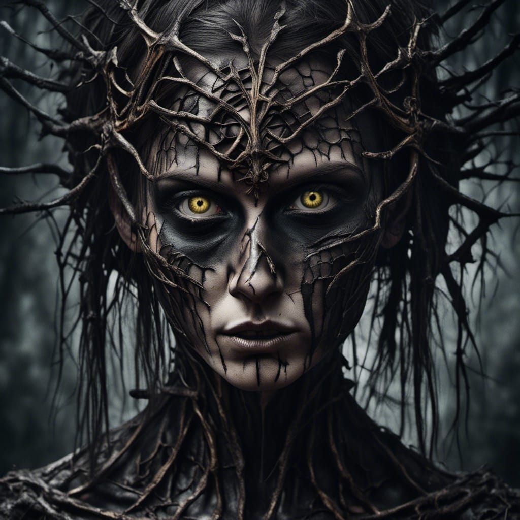 <lora:Grim:1.0> Photograph portrait of a Creepy soul-less cursed,b The disturbing thoughts behind a shattered mind in high definition 