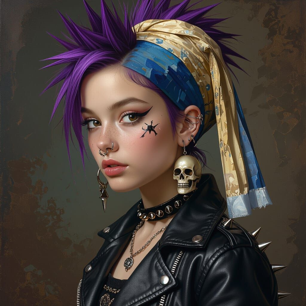 Realistic Portrait of a young woman inspired by Vermeer’s Girl with a Pearl Earring, reimagined as a punk rocker, dangli...
