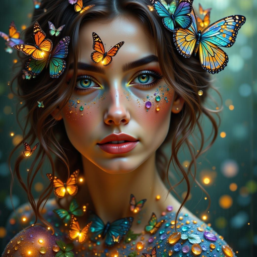 <lora:GREENapple:1.0> <lora:Glass Art:1.0> <lora:Radiant Portraiture:1.0> <lora:GoldenHour:1.0> an unusual but beautiful stunning woman with...