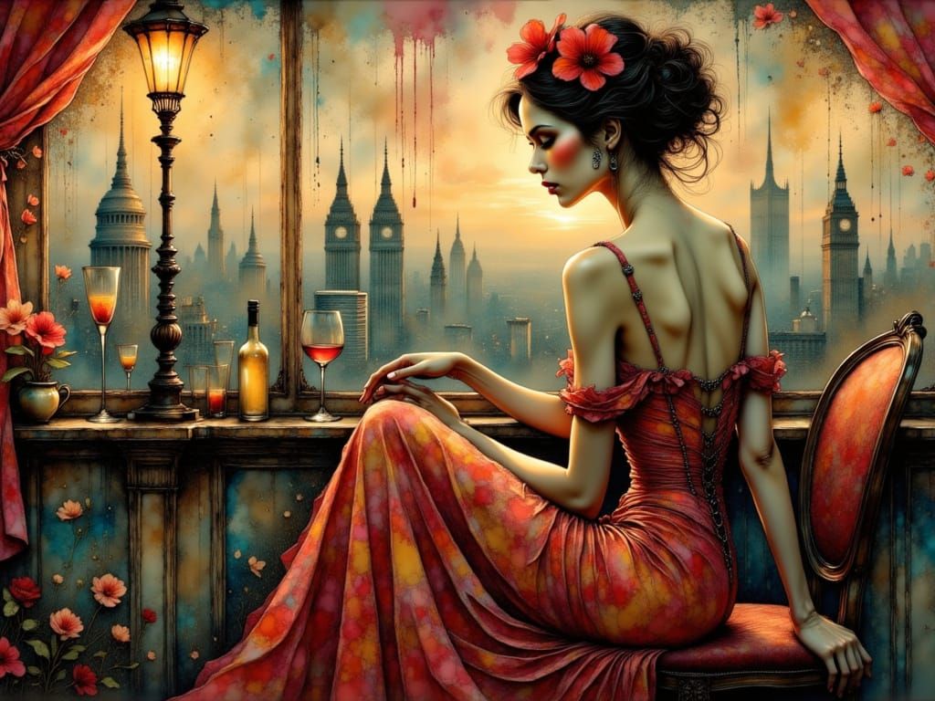 <lora:Lauras Romance:1.0> abstract surreal an elegant woman in  fancy pajamas sitting on a balcony overlooking the city romanticism surreali...