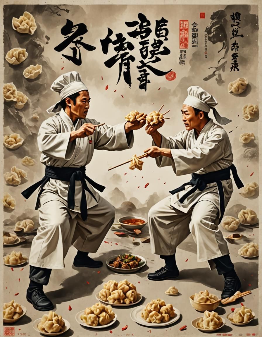 Two cooks fight with dumplings, Kung-fu movie poster - AI Generated ...