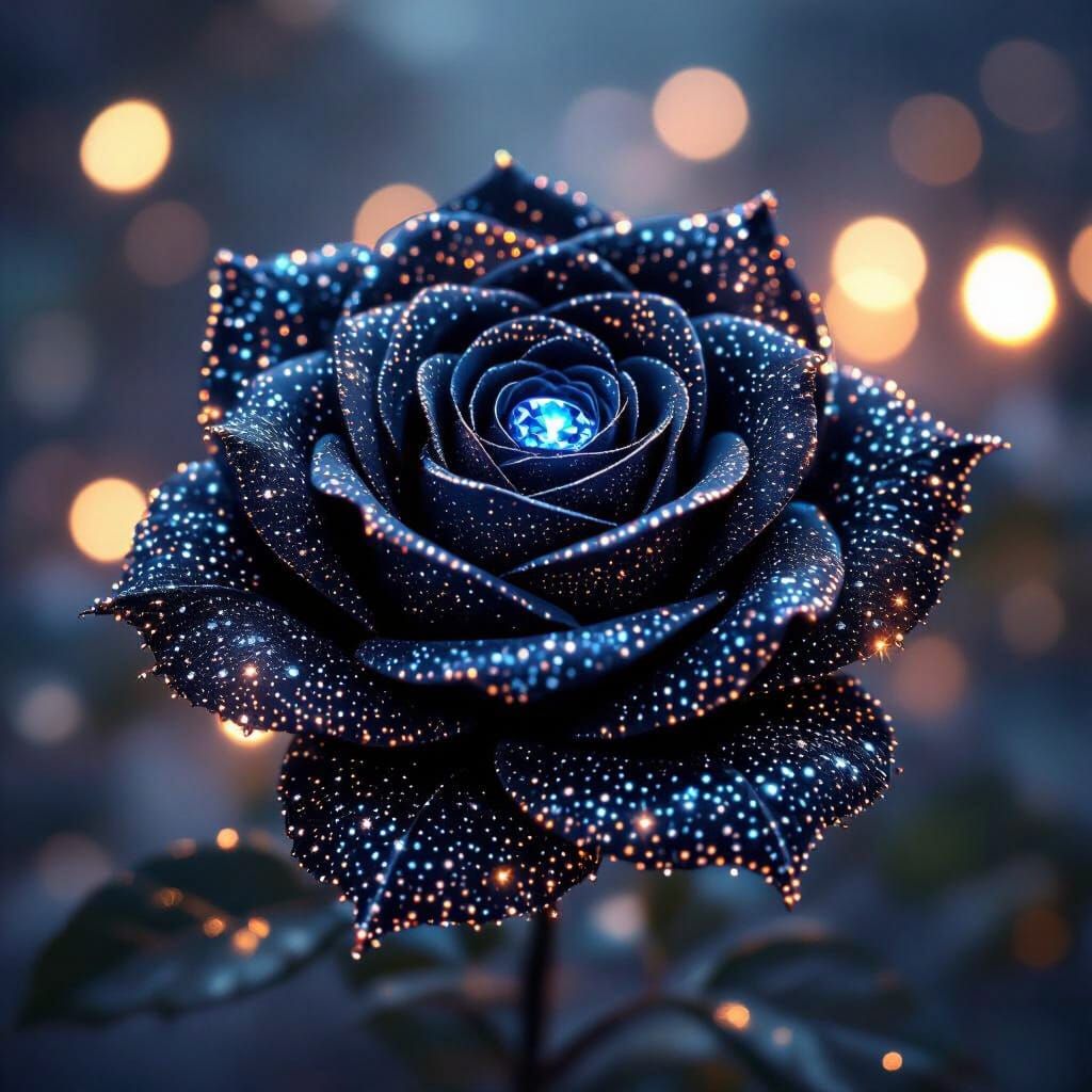 Glittering Black Rose with Diamond Lace and Blue Light