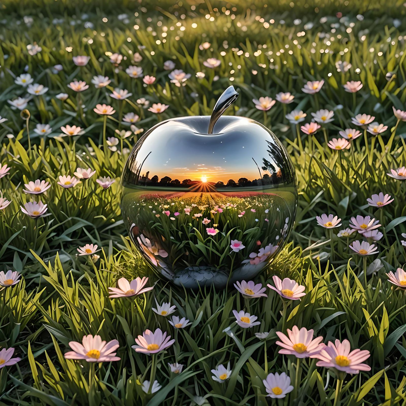 Closeup professional photograph reflection of a spring flower field scene at sunset, seen in a perfect ...  by @viisipuu