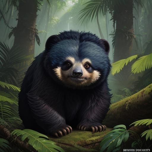 a 3d adorable very fluffy big eyed baby asian sloth bear sit...