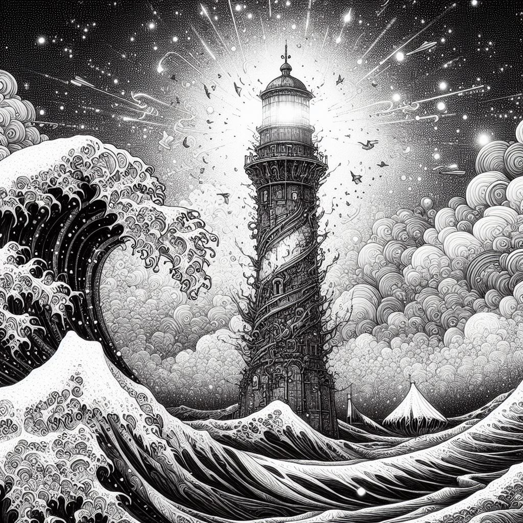 Lighthouse in Storm, B&W Doodle Art