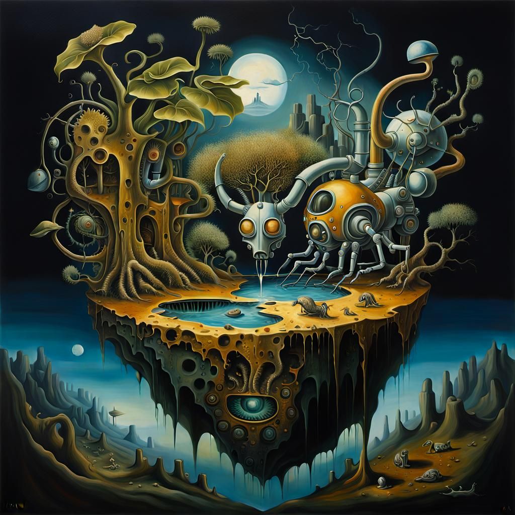 Surreal Machinery with Hybrid Creatures as an Oil Painting