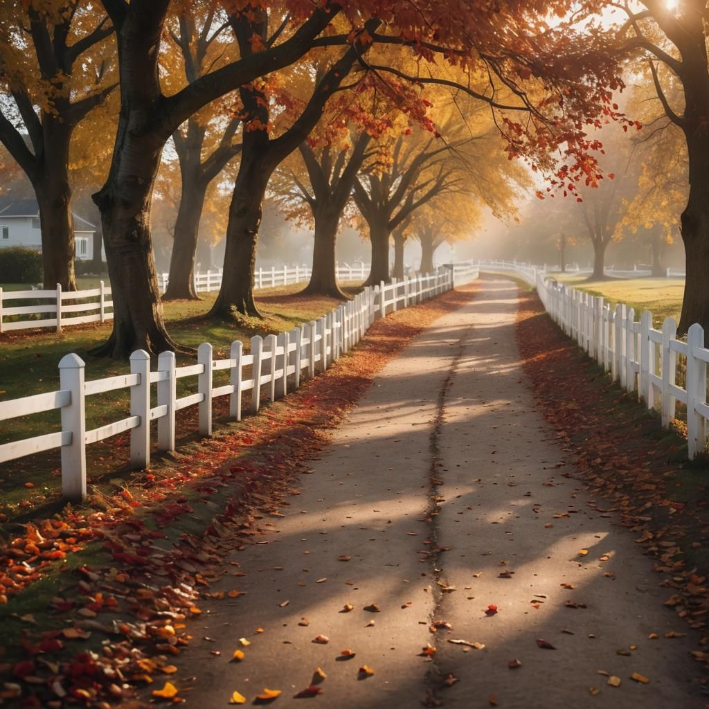 a pic of a path with a white picket fence and trees with red...