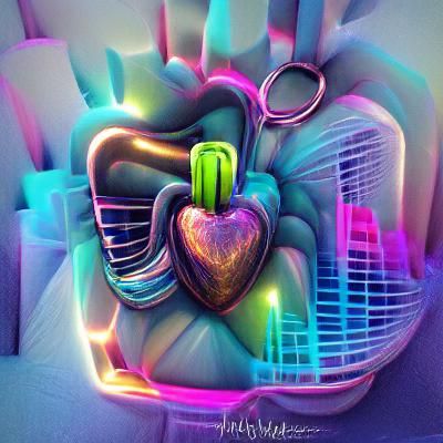 Iridescent, glowing, neon, locked heart, abstract, layered a...