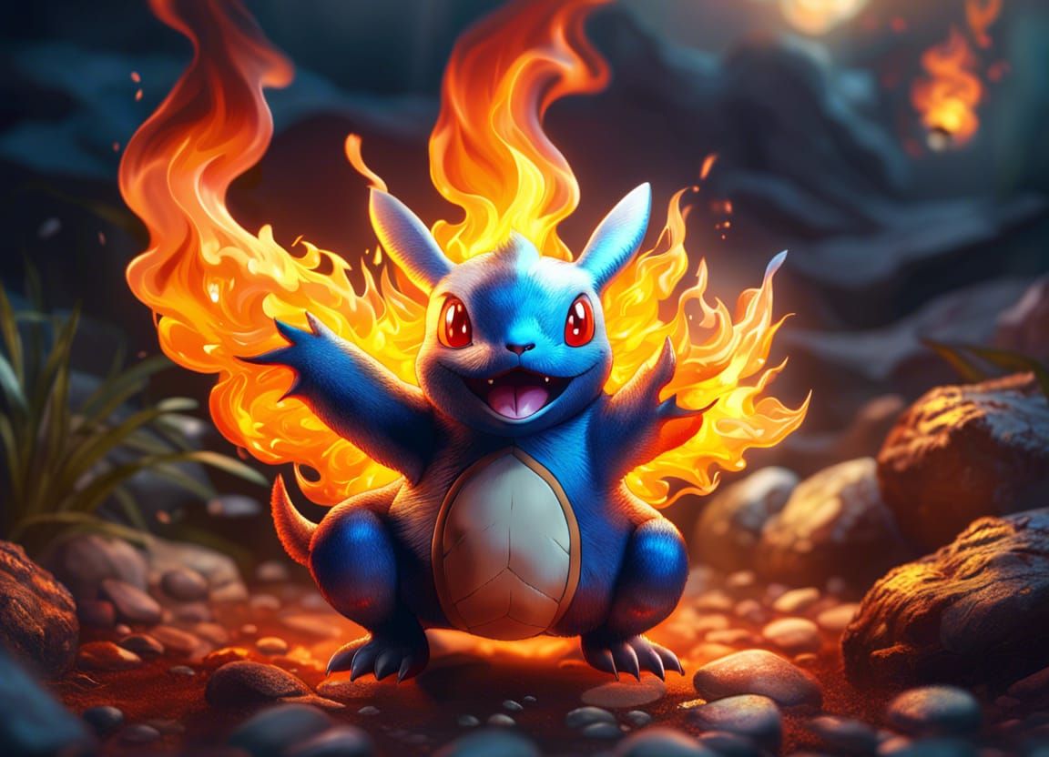 Glumanda Pokemon playing with fire hyperdetailed photoillustration ...