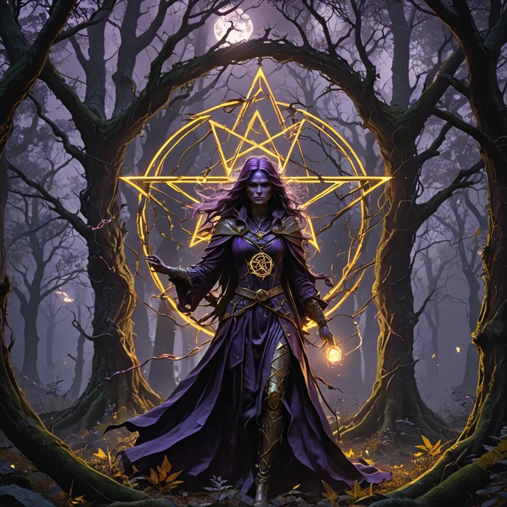Spectral witch, forest, lightning pentagram, full moon