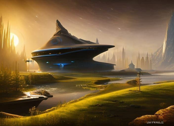 A sleek, silver megatechnological alien spacecraft hovering ...