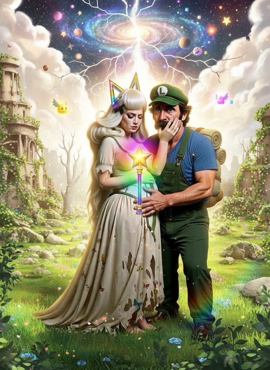 A hyperphotorealistic 4K high definition absolute masterpiece image of an emotional tearful Luigi and his photorealistic beautiful very preg...