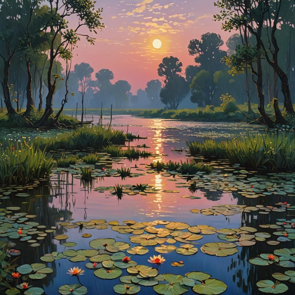 The nenuphars (light at dawn:1.9) (impressionism:1.9) 8k res...