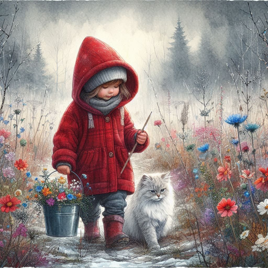 Collecting colorful wildflowers in winter