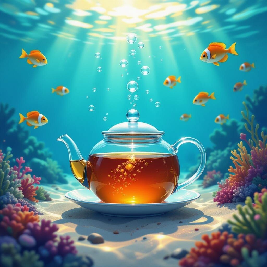 Vivid Teapot on Seabed with Whimsical Marine Life