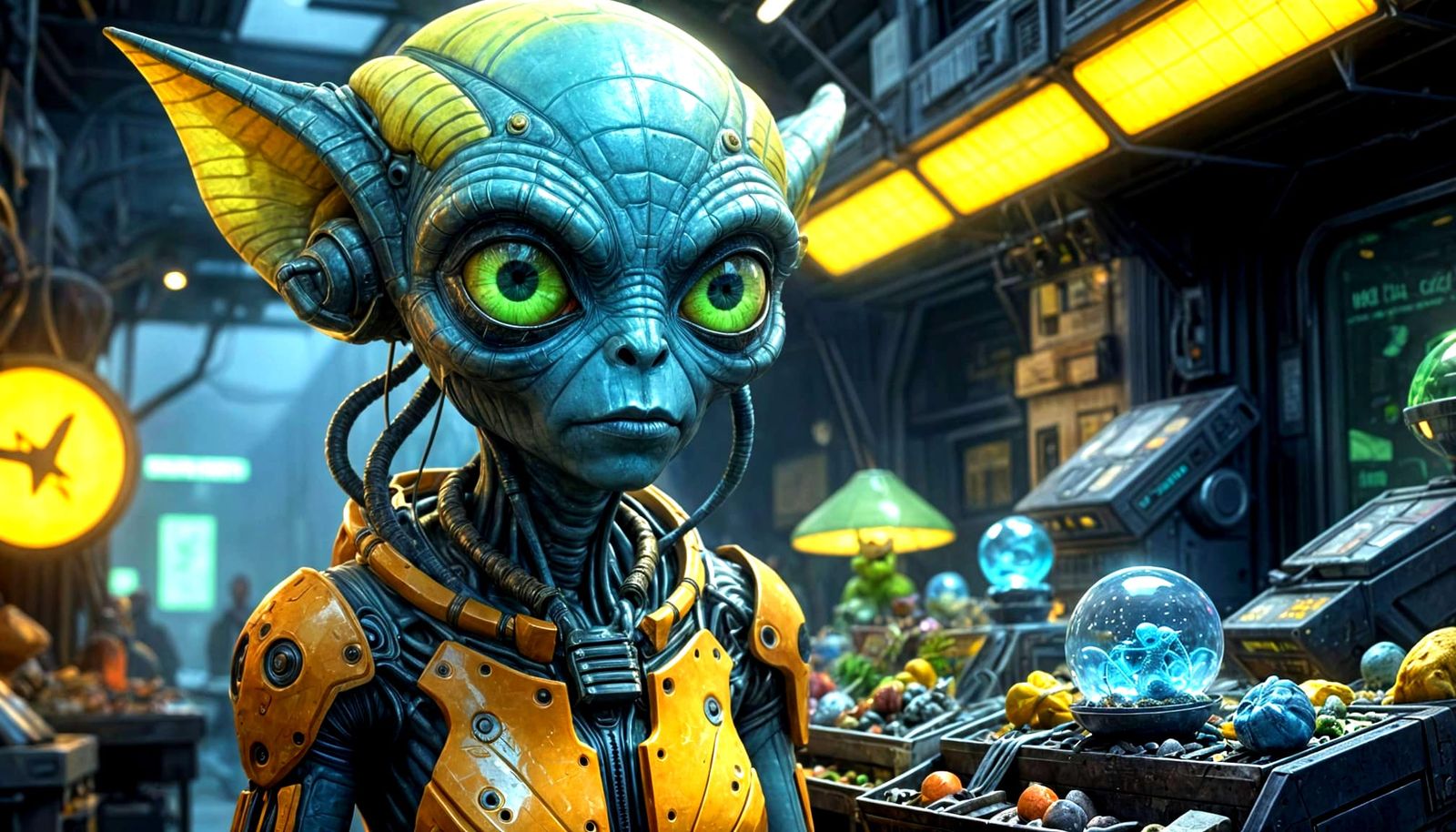 "Alien Marketplace" In a mesmerizing, hyper-detailed medium close-up, a toddler alien with translucent, ...  by @Lennis