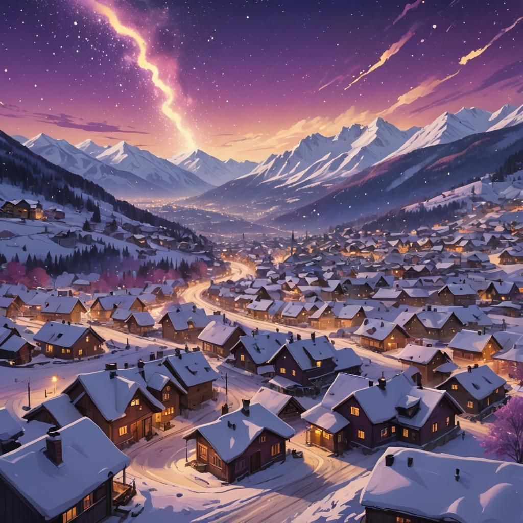 Purple aurora above the white snow mountains, cars, trains, ...