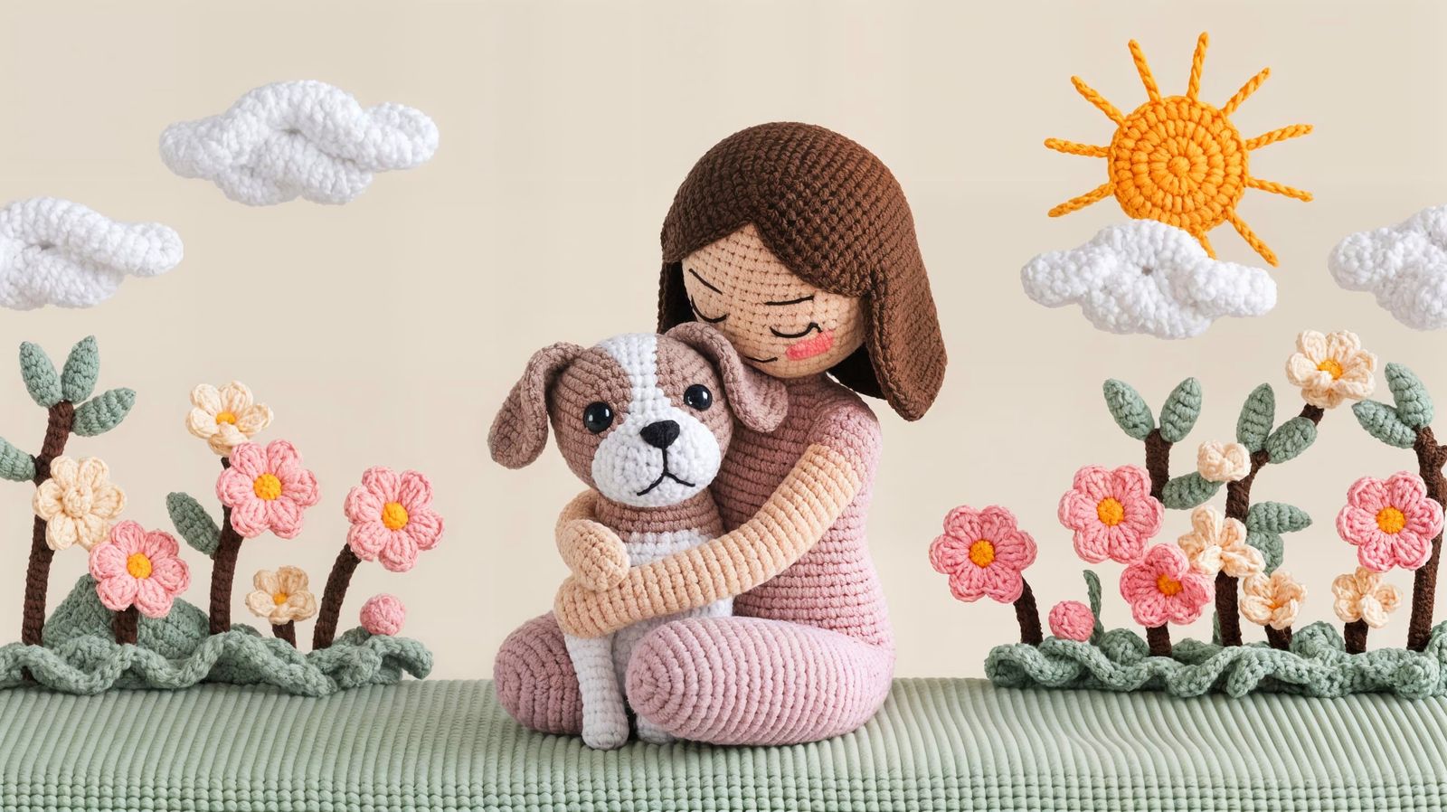 Whimsical Crocheted Scene of Woman and Puppy in Spring Lands...
