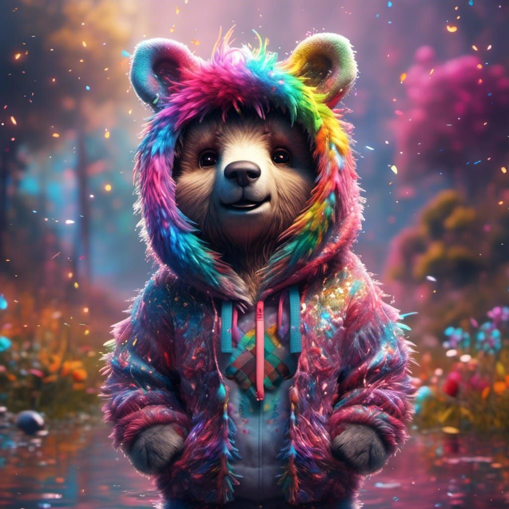 Fuzzy Bear in Unicorn Hoodie: Detailed Matte Painting
