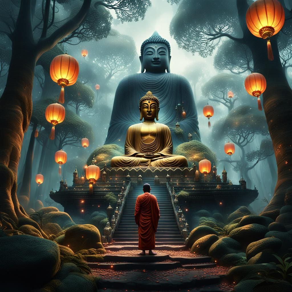 Buddha and Subhuti in Misty Forest, Art Nouveau Style