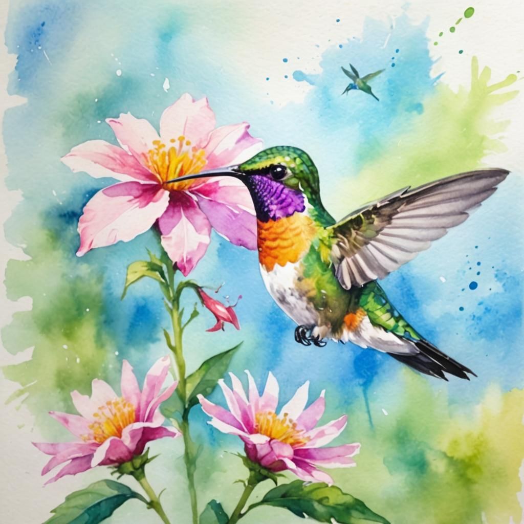 Hummingbird in Watercolor with Motion Blur