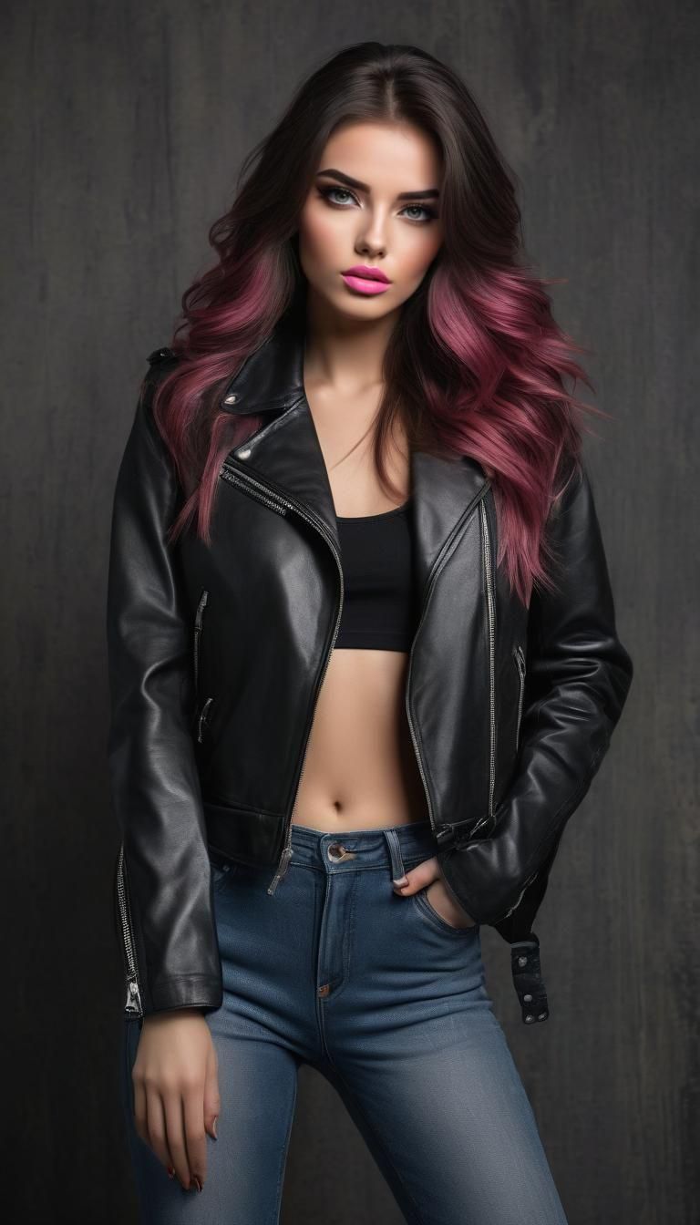 view of a model woman in bad girl style, black leather jacke...