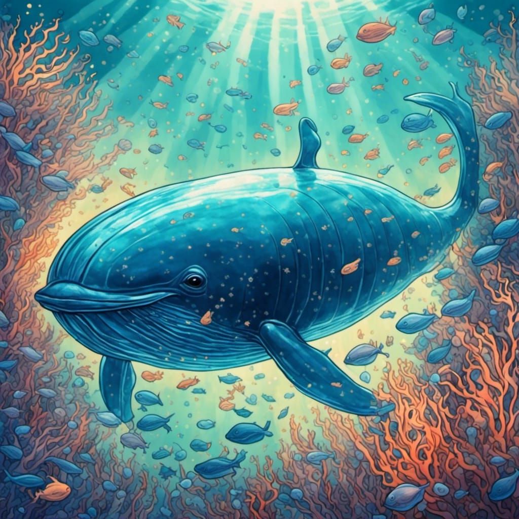 Underwater view of a huge fantastical glowing transparent glass whale swimming in the ocean. Surrounded by glowing jellyfish. <lora:Brewed f...