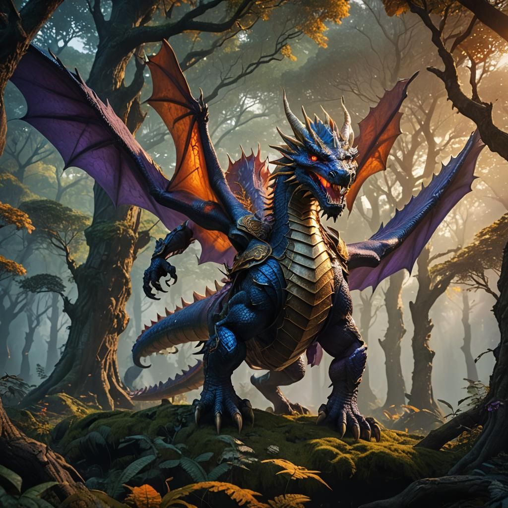 Armored Dragon Soaring Through Mystical Forest