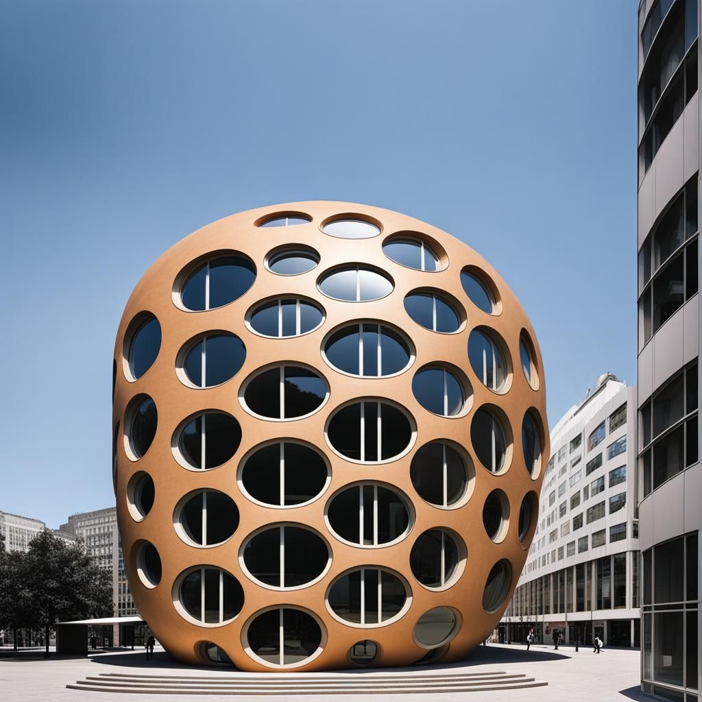 Building in the shape of a bread loaf, circular windows, arc...