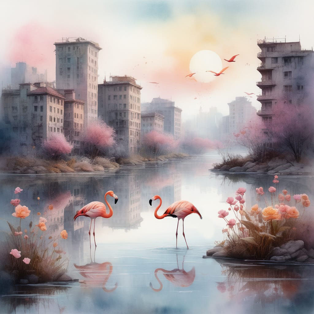 "פלמינגו על גדת הנהר, מעובדים בצבעי מים ספונטניים עם מרקם המזכיר את סטיוארט אדמונדסון. השתקפות סוריאליסטית וחלומית...