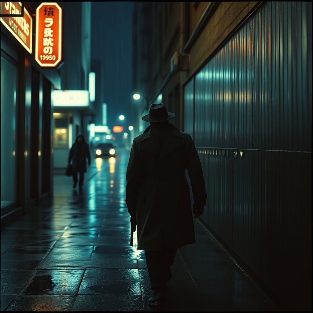 Rainy City Streets in Classic Film Noir Style