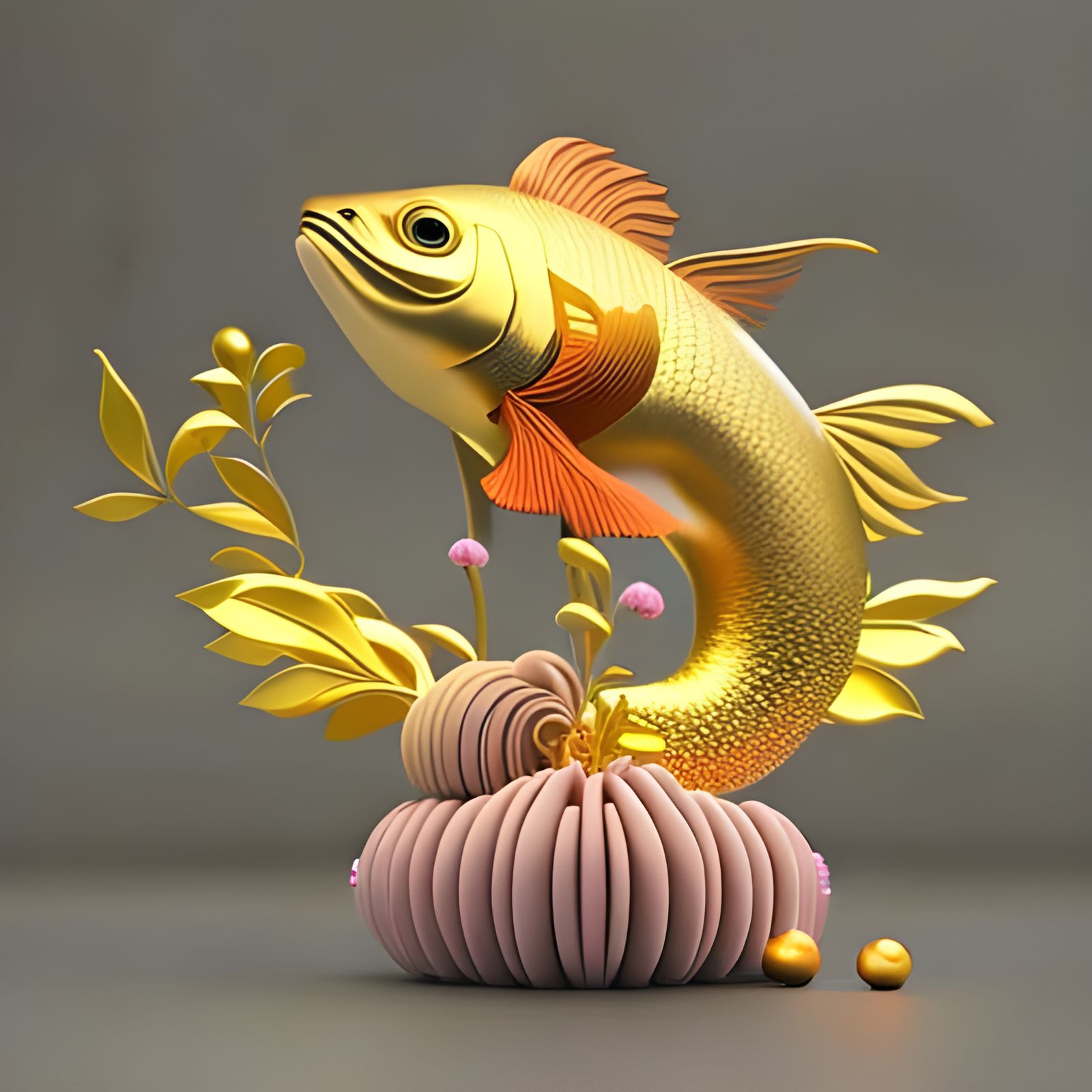 Intricate Golden Koi Sculpture, Digital Art