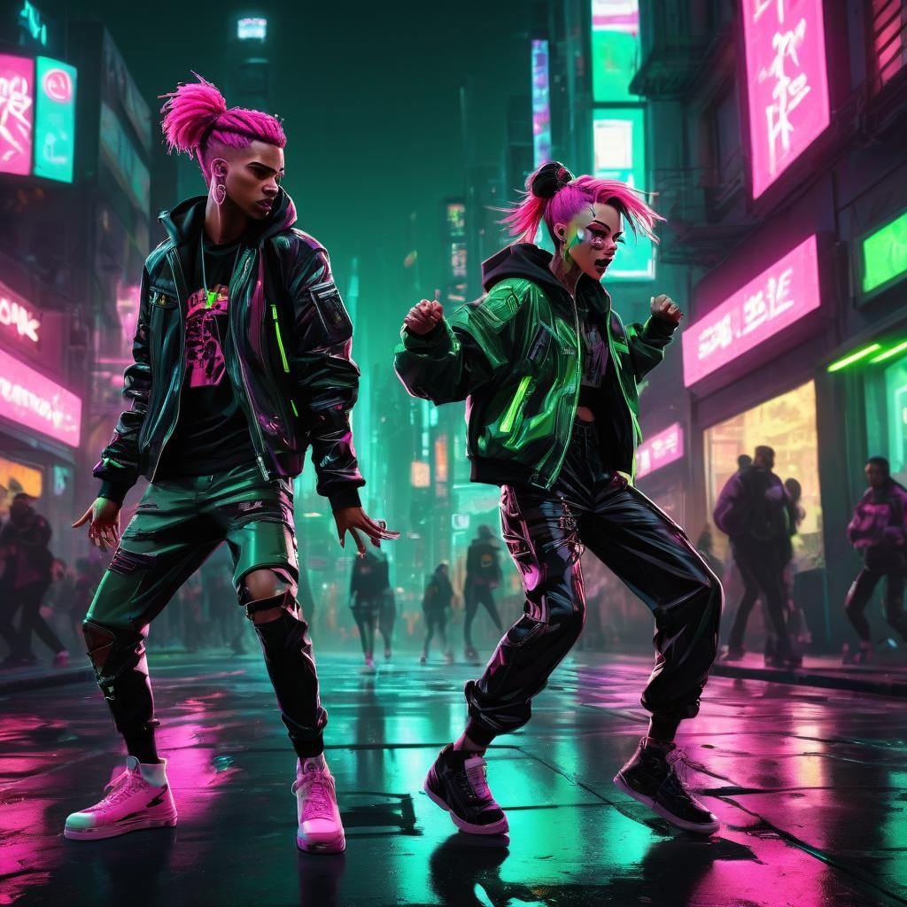 Dynamic Cartoon: Hip-Hop Dancers in Neon City