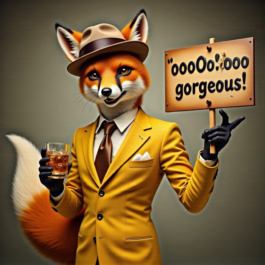 Anthropomorphic fox dressed like richard tracy from.the 1940s. Yellow three piece suite and fedora. Holding a tumbler with a neat scotch in ...