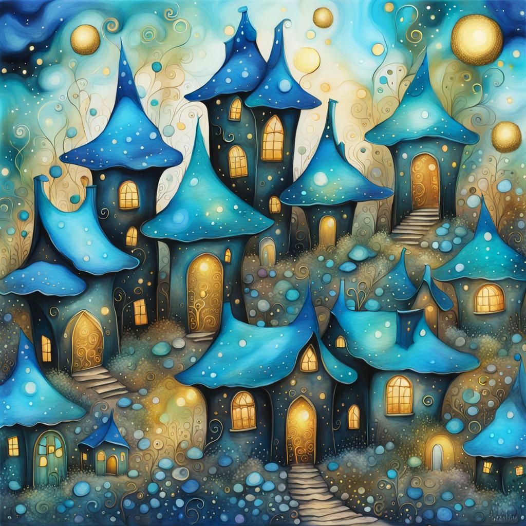 Magnificent fantasy fae village with blue roofs