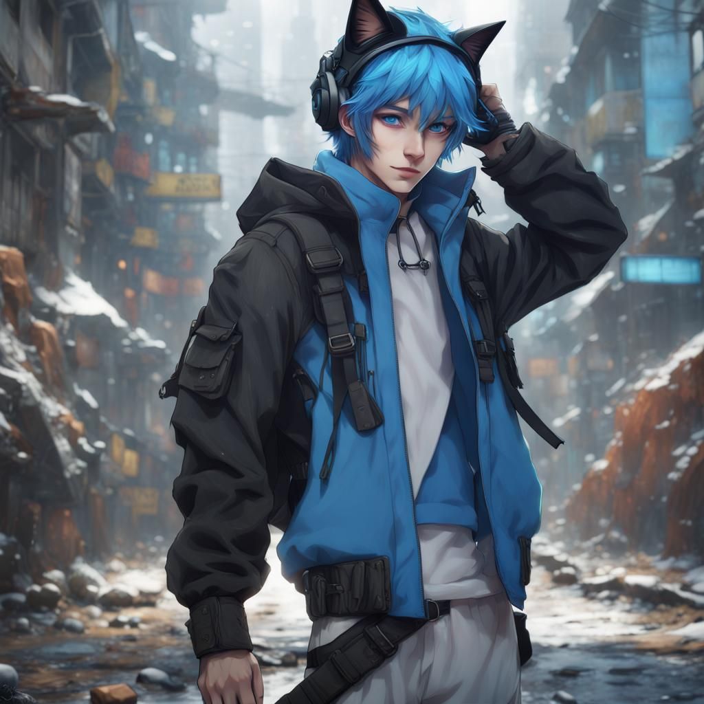 anime boy with blue hair and cat ears, techwear clothes, no glasses ...
