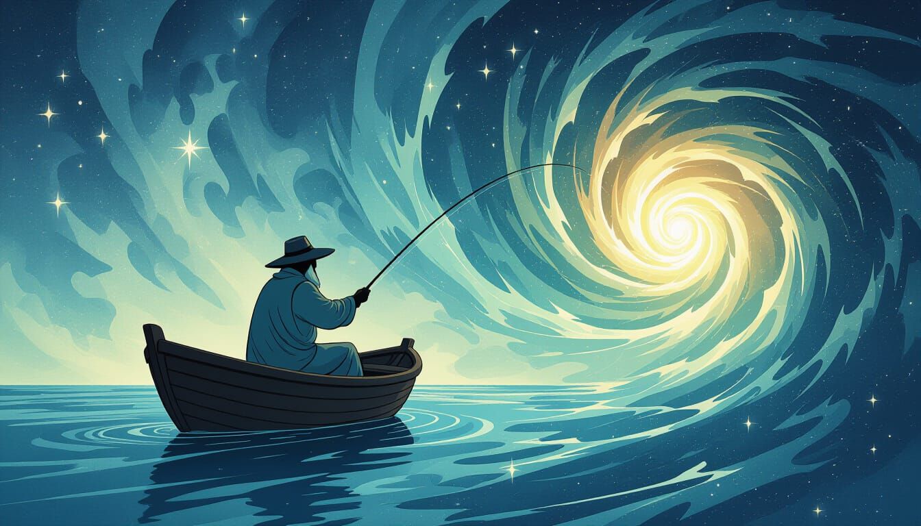 A spectral fisherman, appearing as a ghostly figure from a past era, casts his line into a swirling vortex of starlight and cosmic dust. His...