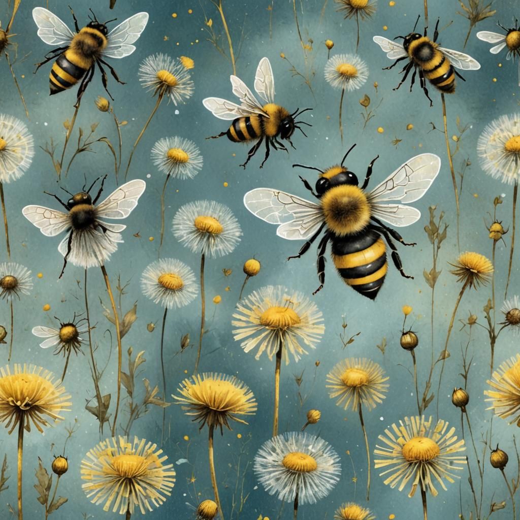 Small bee taking dandelions fluffy seeds, magical, fairy tal...